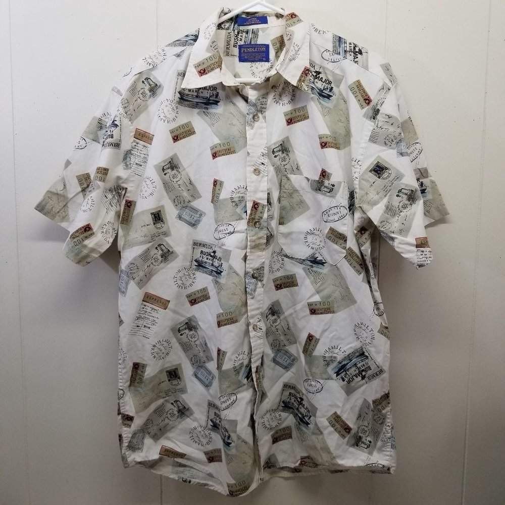 Pendleton White Travel Stamp Print Short Sleeve Button-Down Shirt
